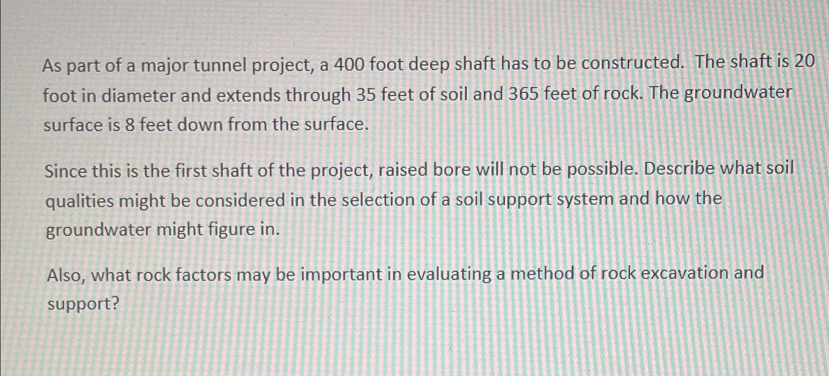 As part of a major tunnel project, a 4 0 0 foot