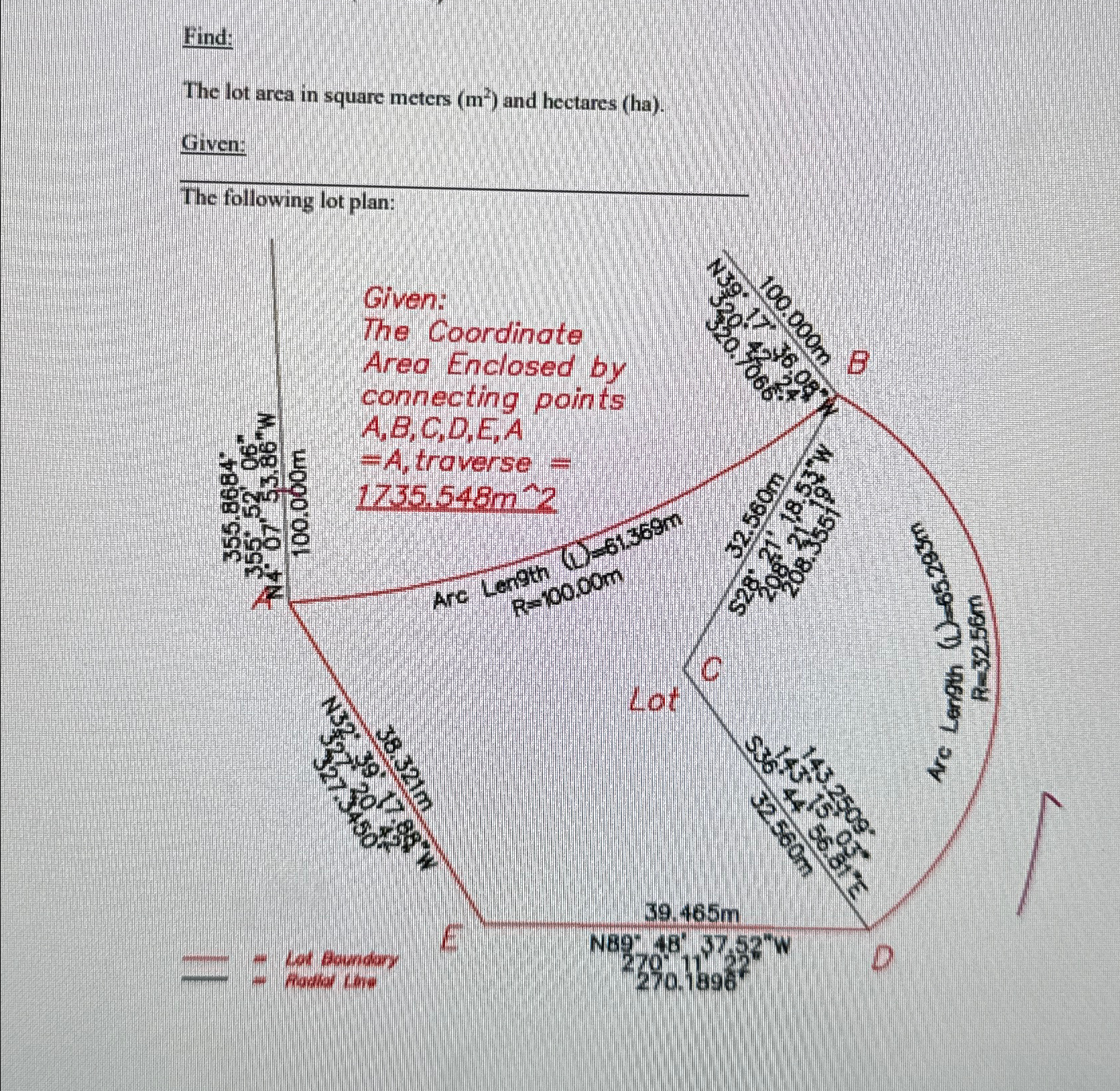 Find: The lot area in square meters ( m 2 ) and