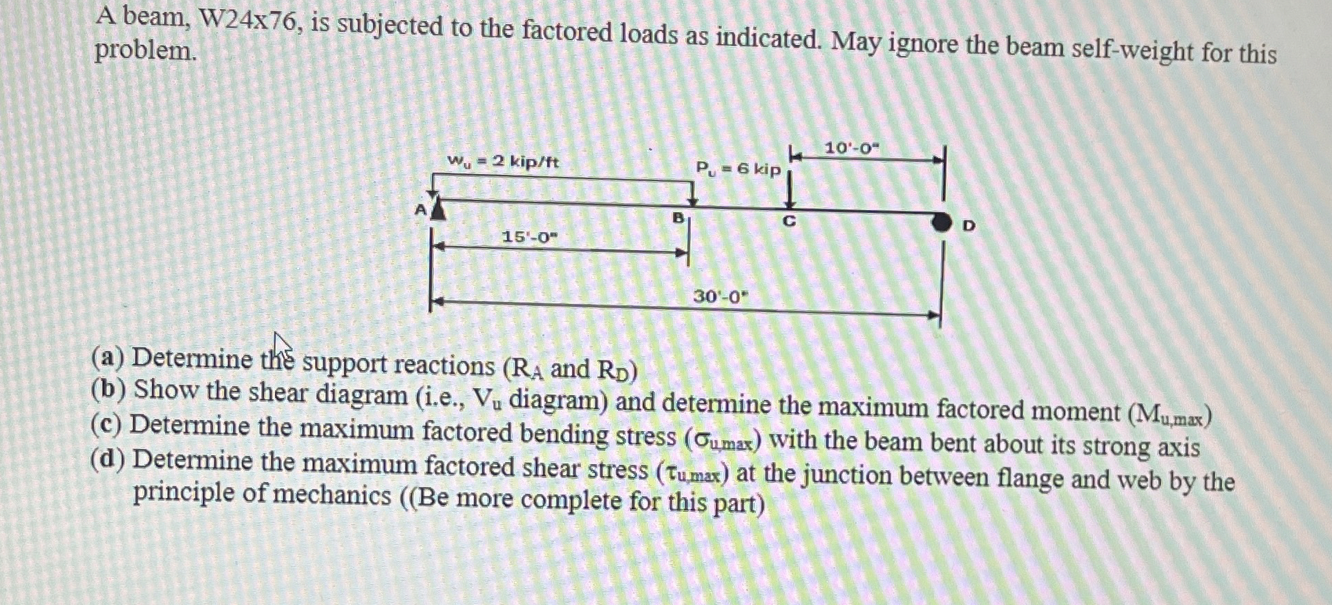 A beam, W 2 4 x 7 6 , is subjected to the