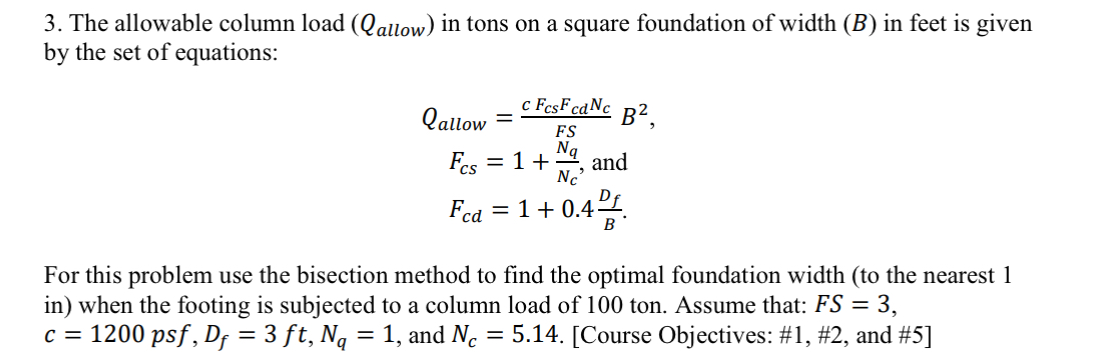 The allowable column load ) in tons on a square