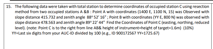 The following data were taken with total station