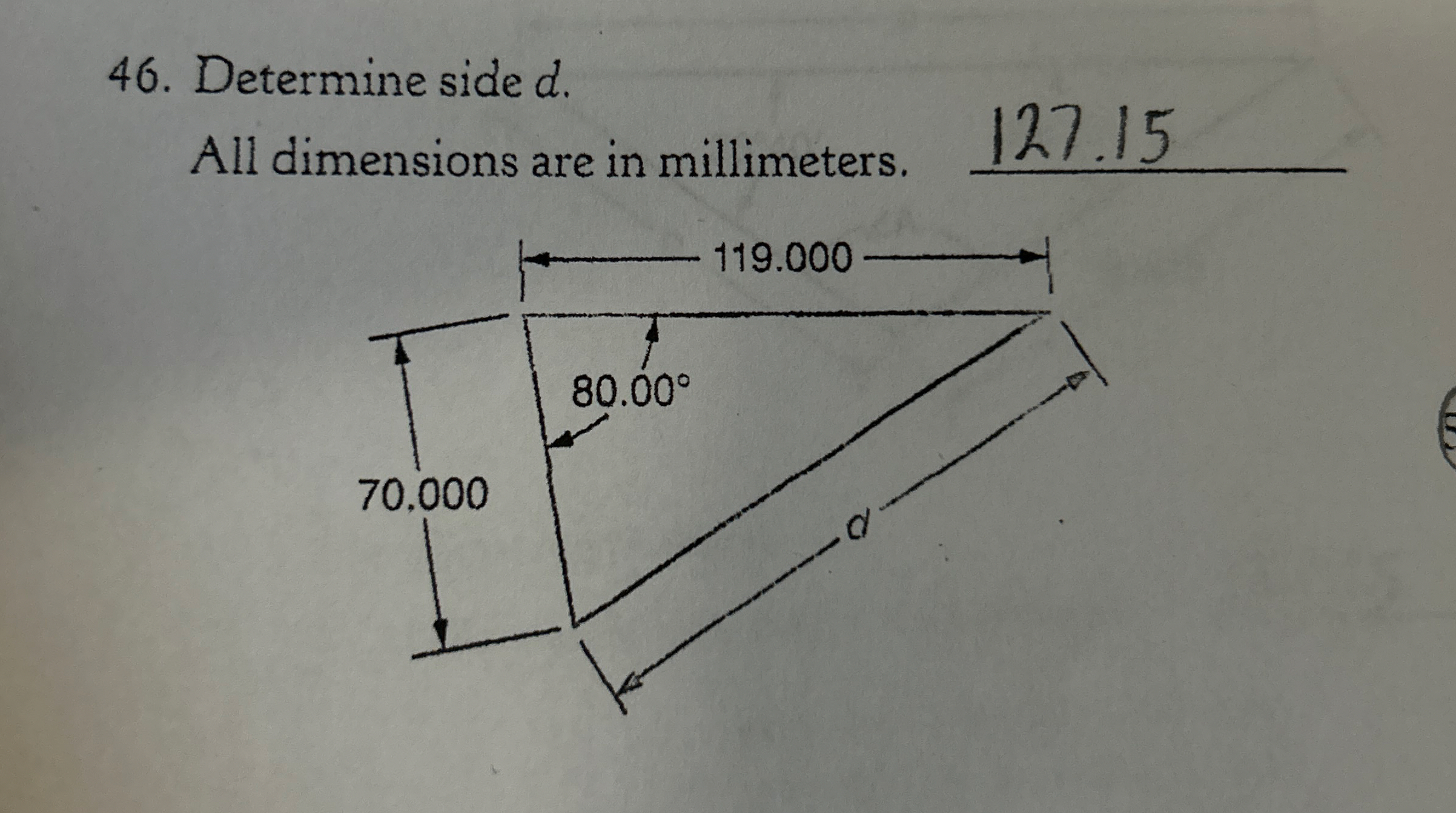 Determine side d . All dimensions are in