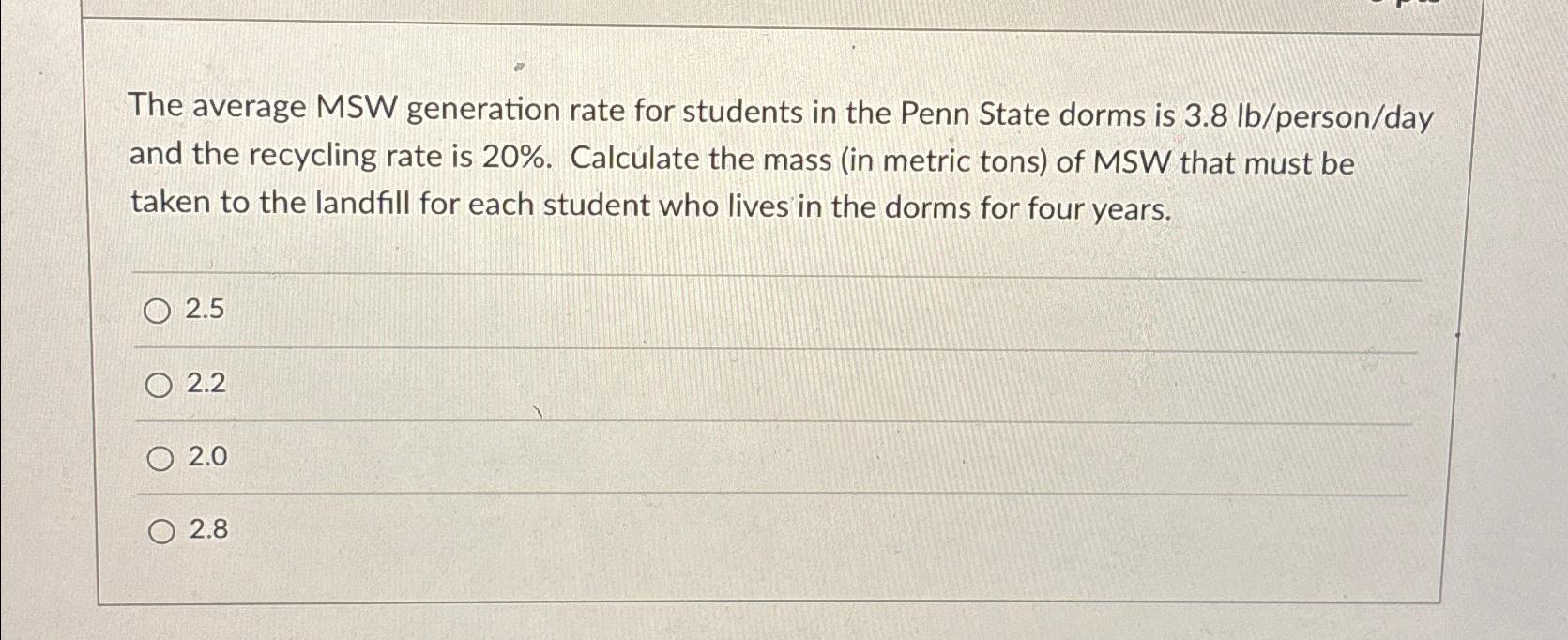 The average MSW generation rate for students in