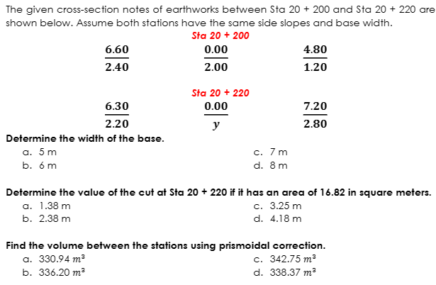 The given cross - section notes of earthworks