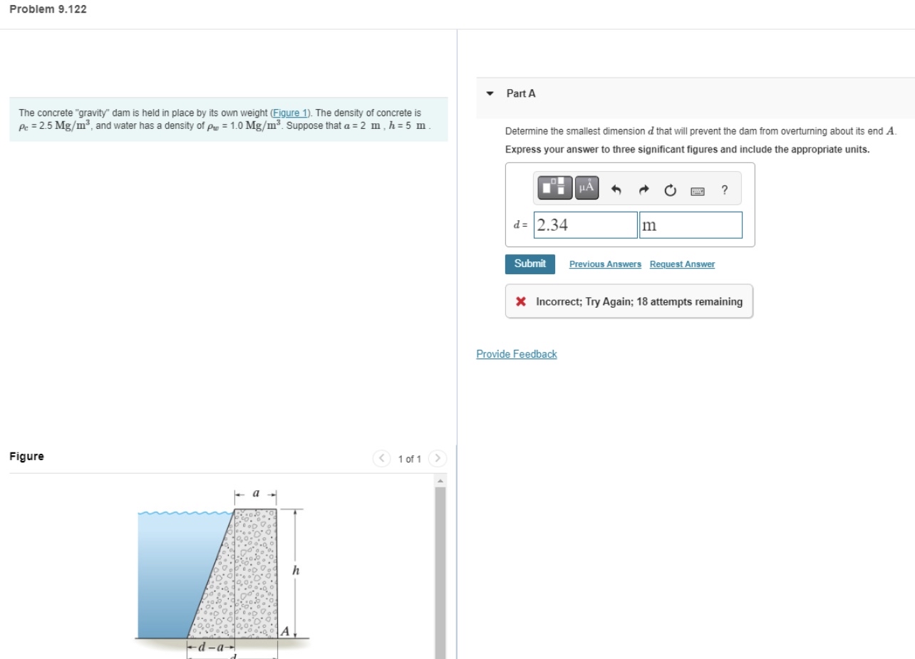 Problem 9 . 1 2 2 The concrete "gravity" dam is