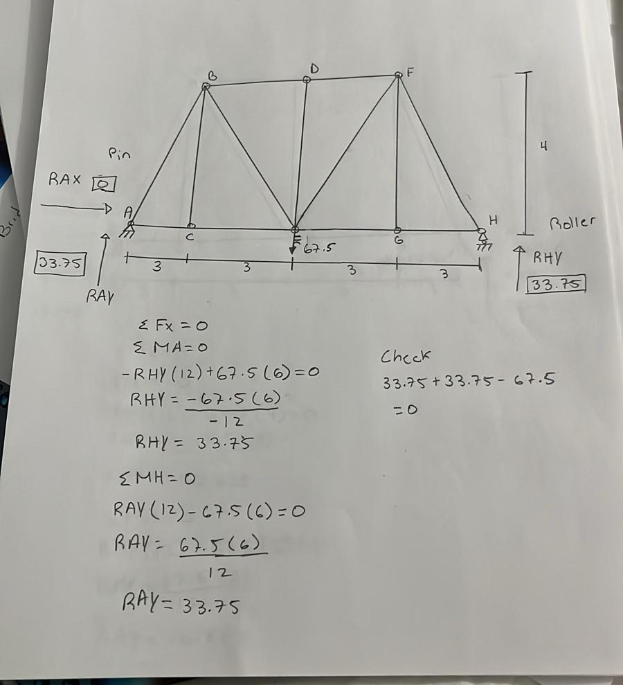? ? F x = 0 ? ? M A = 0 - R H Y ( 1 2 ) + 6 7 . 5