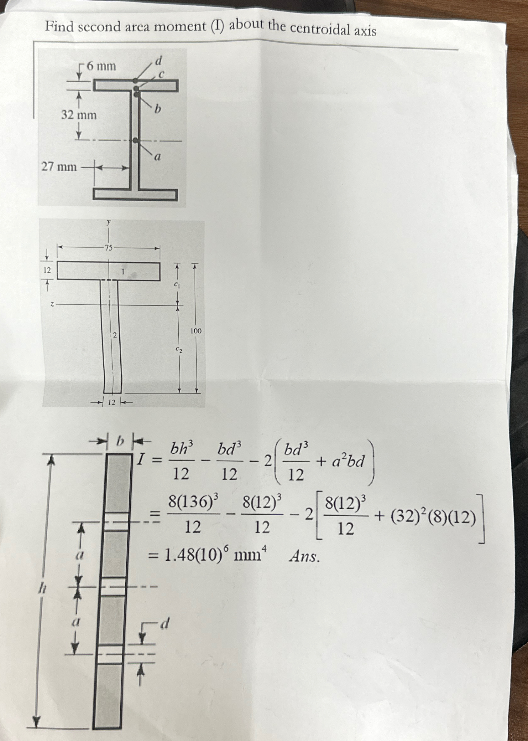 Find second area moment ( I ) about the