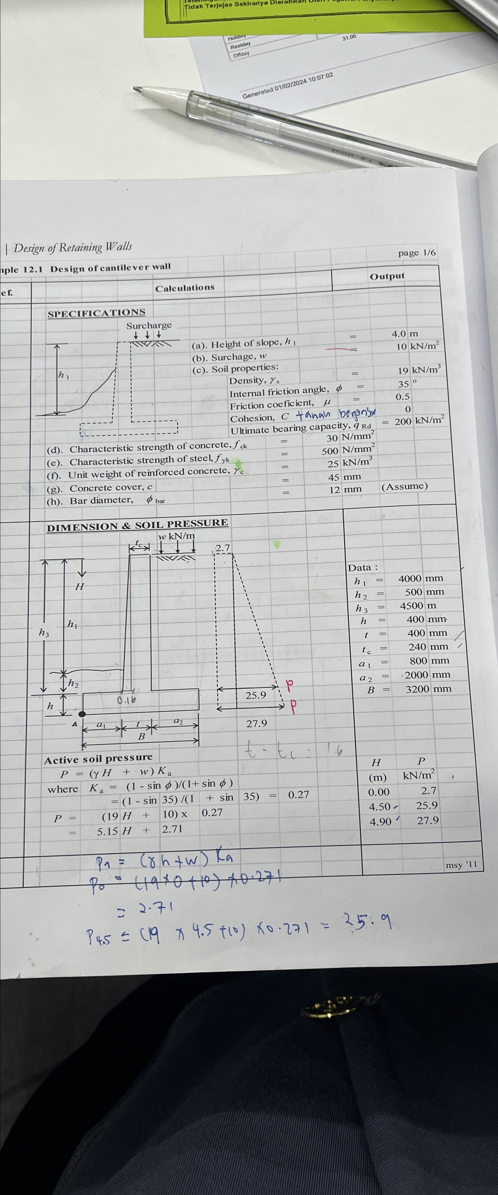 | Design of Retaining Walls aple 1 2 . 1 Design