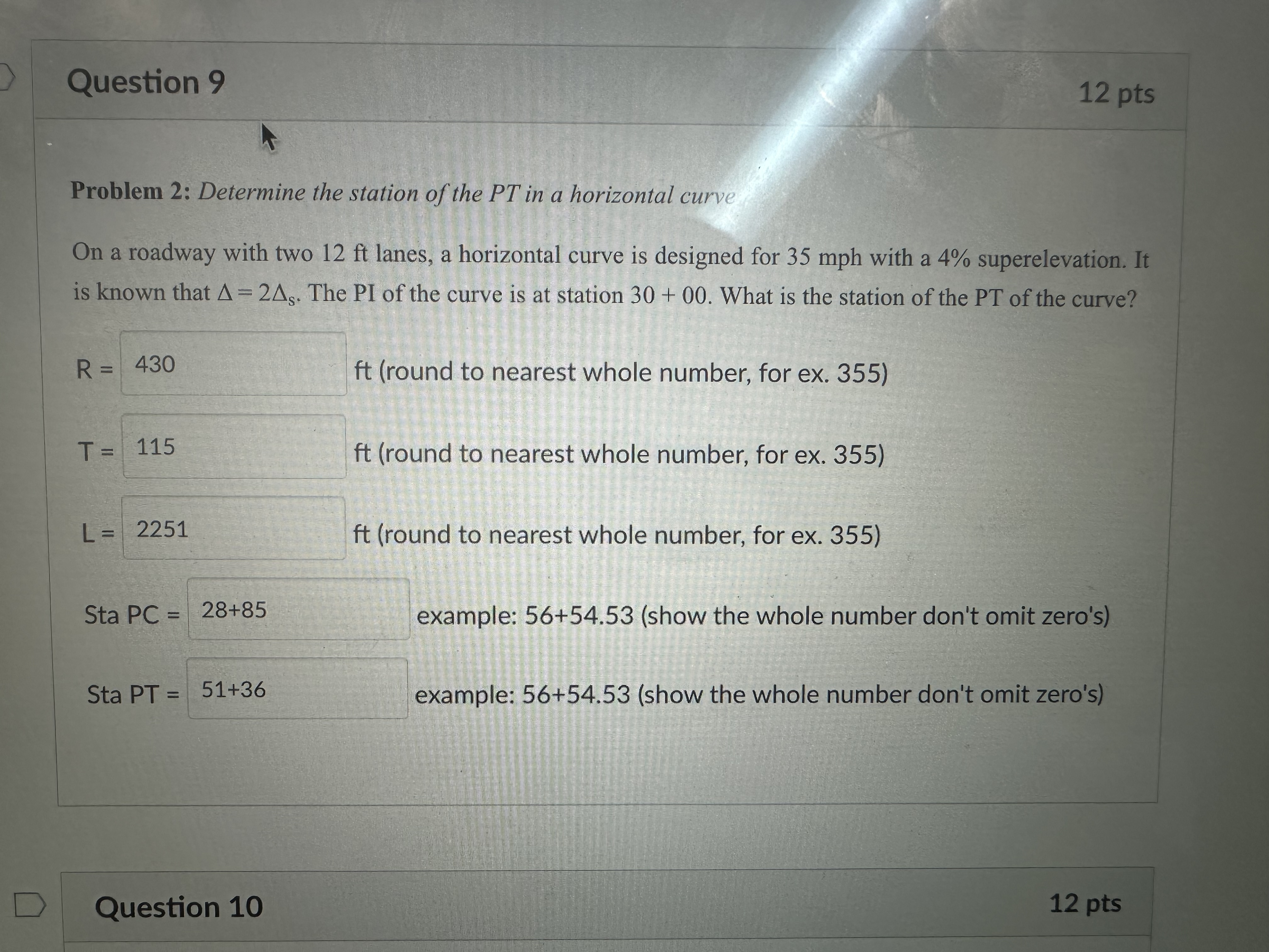 Question 9 Problem 2 : Determine the station of