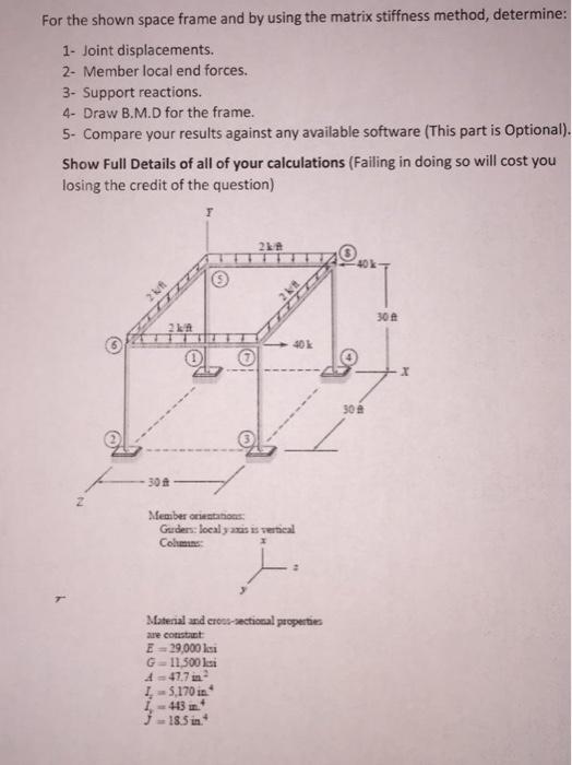 For the shown space frame and by using the matrix