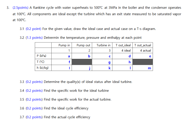 3 . ( 2 . 5 points ) A Rankine cycle with water