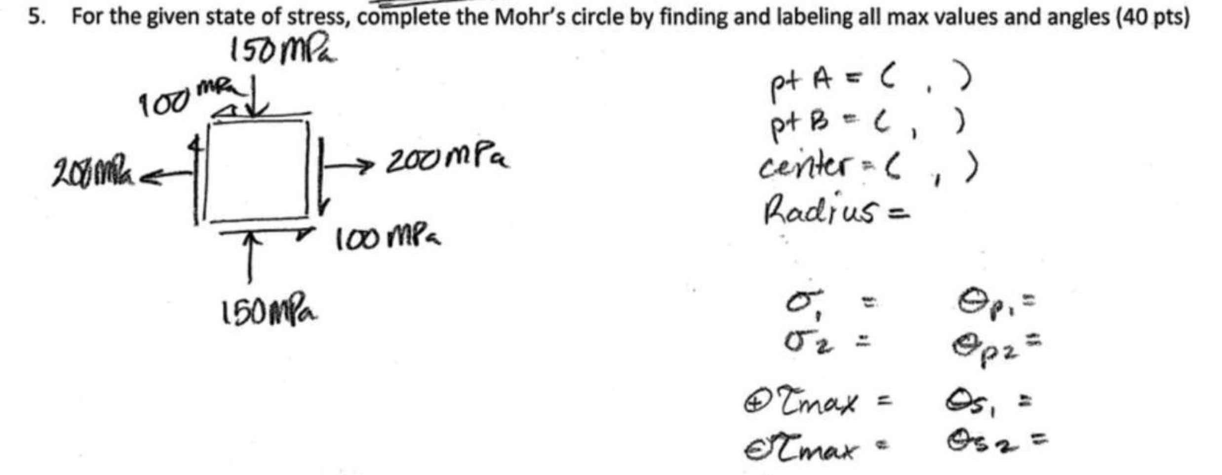 For the given state of stress, complete the