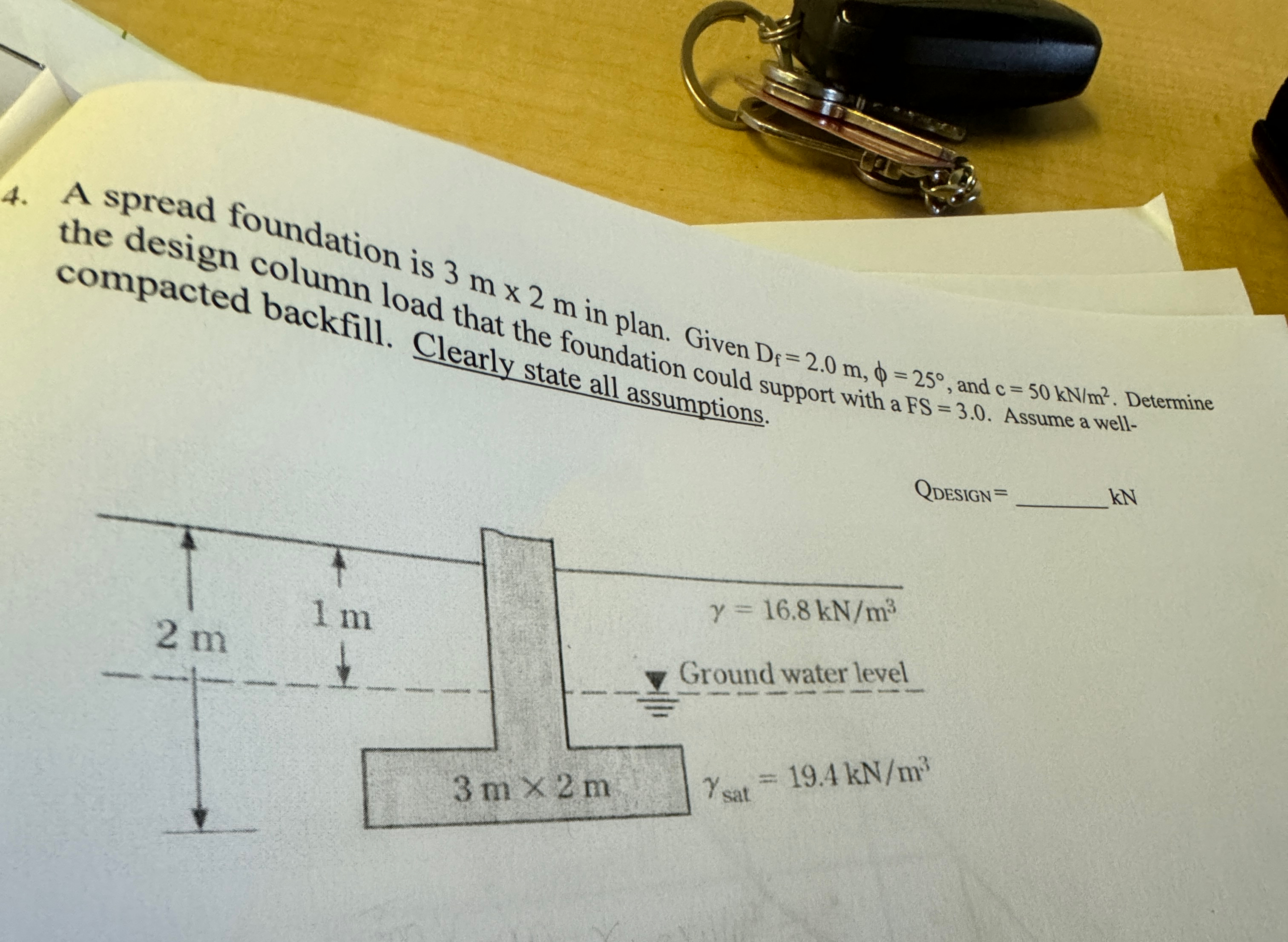 A spread foundation is 3 m 2 m in plan. Given D f