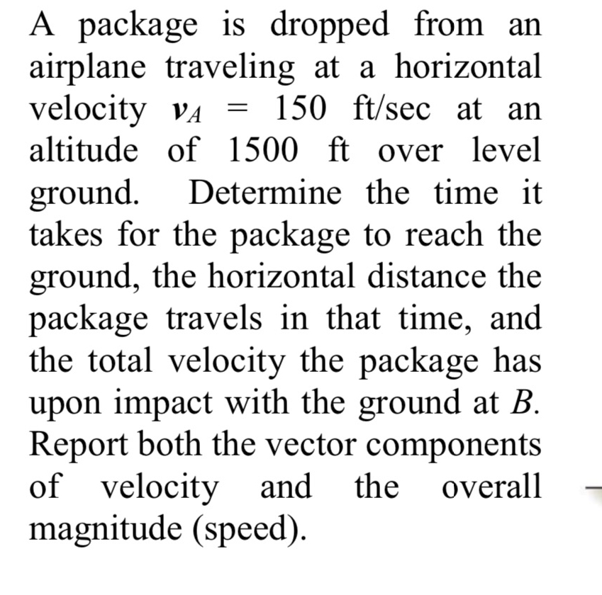 A package is dropped from an airplane traveling