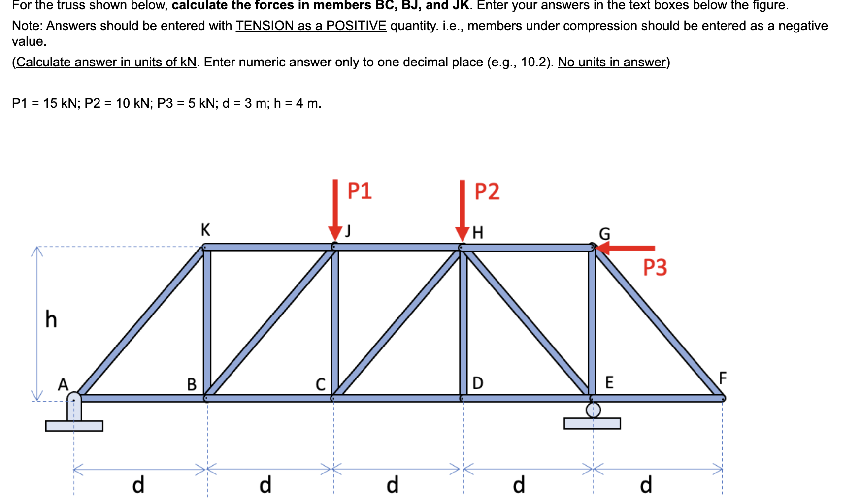 For the truss shown below, calculate the forces