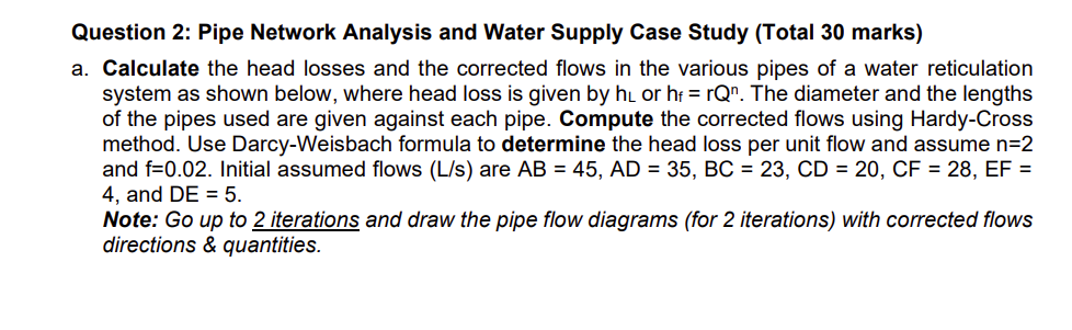 Question 2 : Pipe Network Analysis and Water