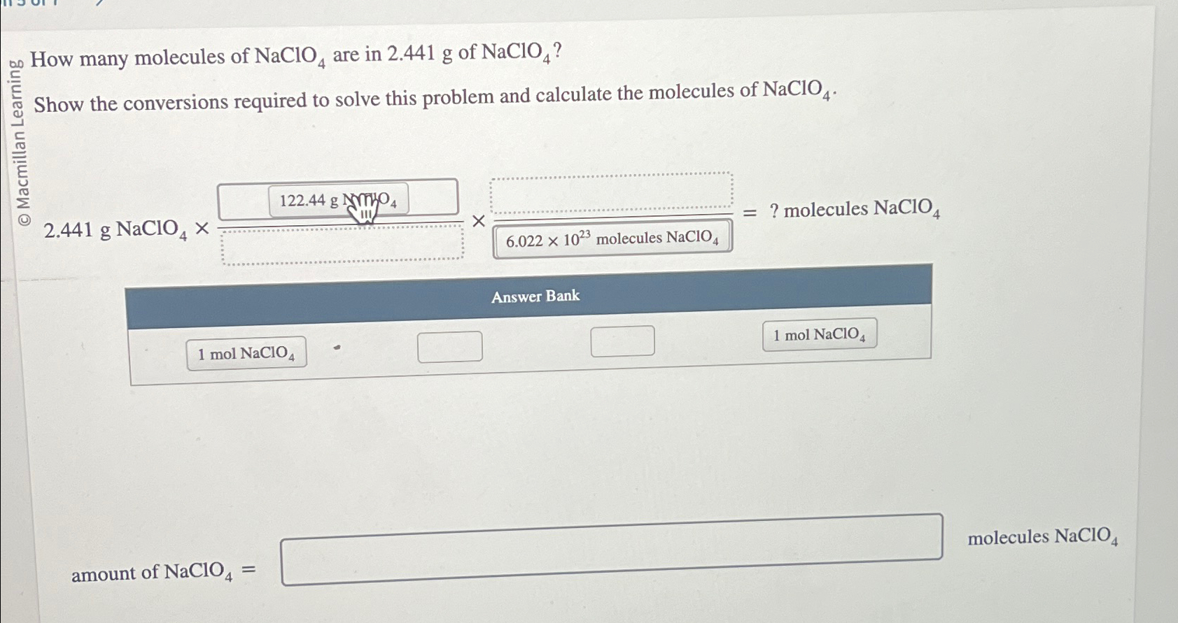 How many molecules of N a C l O 4 are in 2 . 4 4