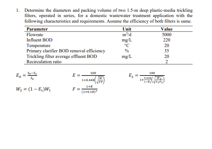 W = BOD loading, kg / d ( not including recycle )