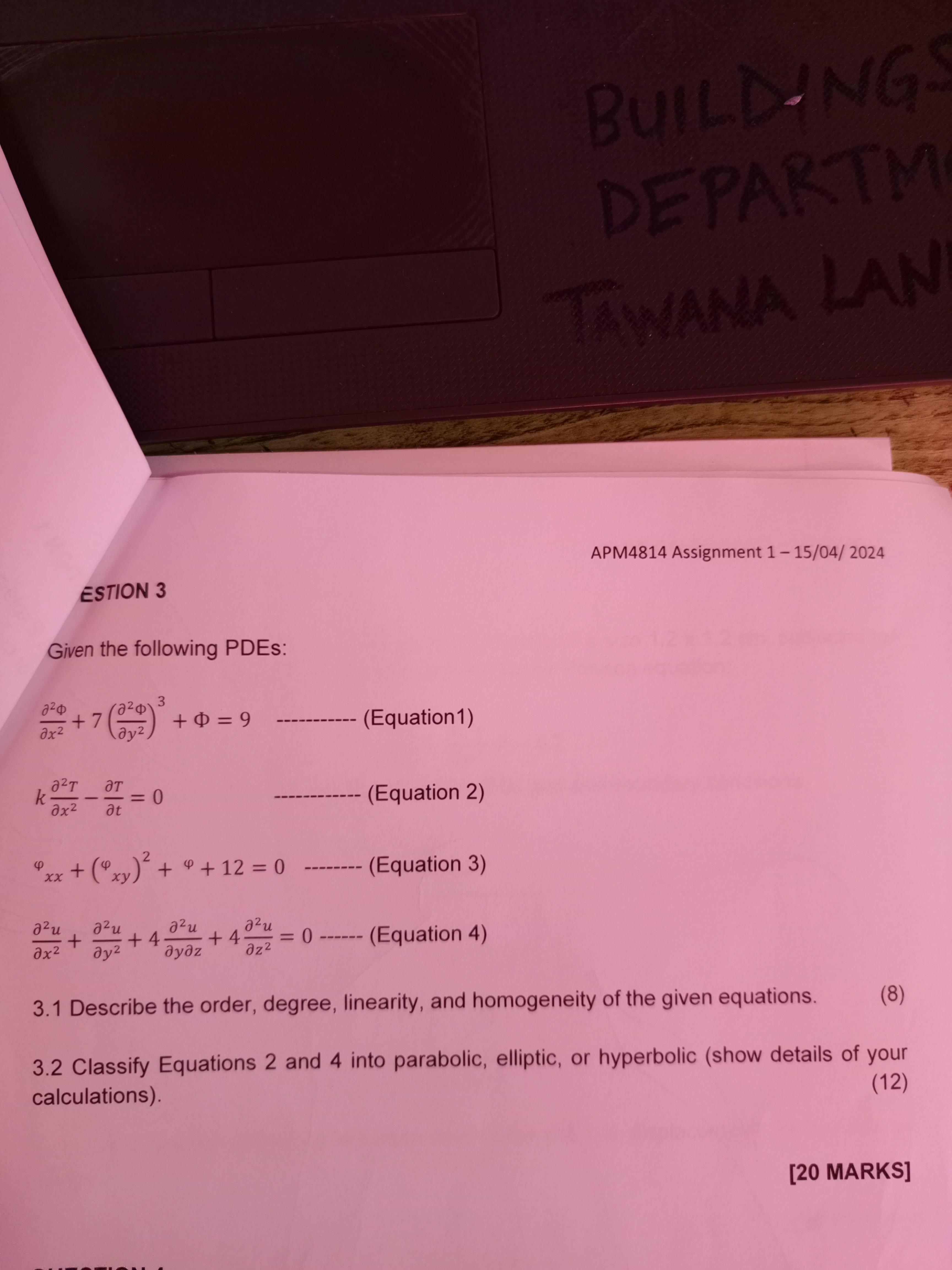 ESTION 3 Given the following PDEs: d e l 2 d e l