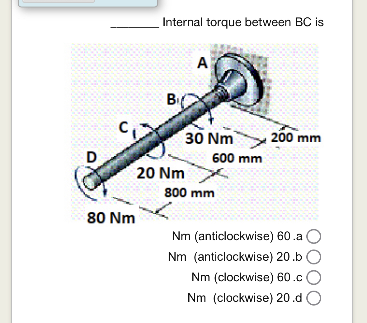 Internal torque between B C is N m (