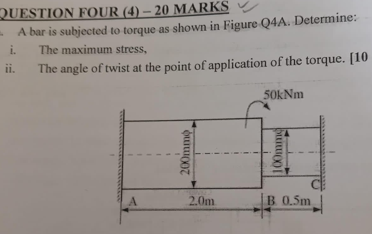 A bar is subjected to torque as shown in Figure Q
