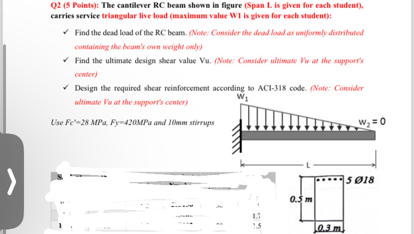 Q 2 ( 5 Points ) : The cantilever RC beam shown