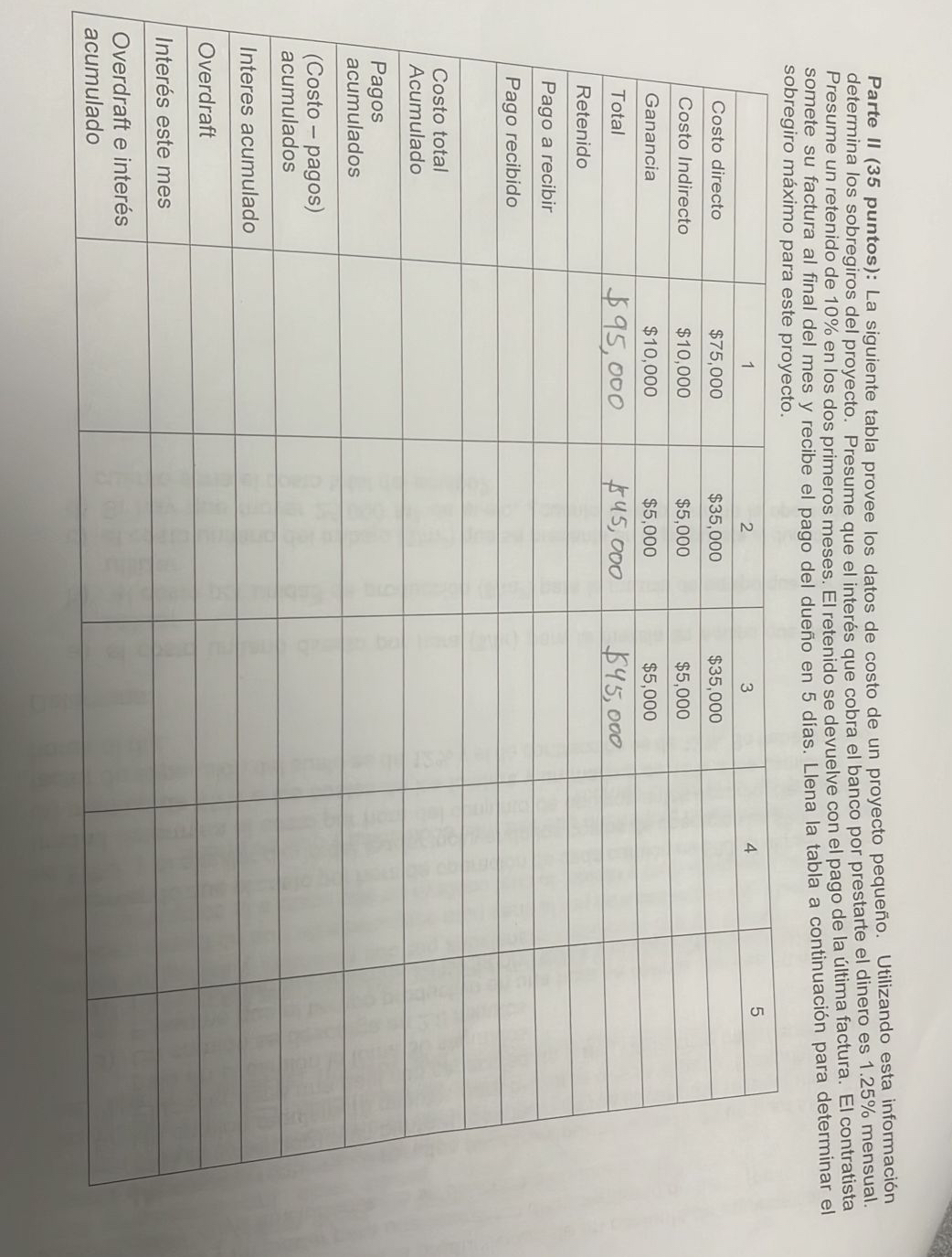 Parte II ( 3 5 puntos ) : La siguiente tabla