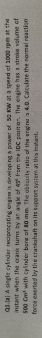 Q 1 . ( a ) A single cylinder reciprocating