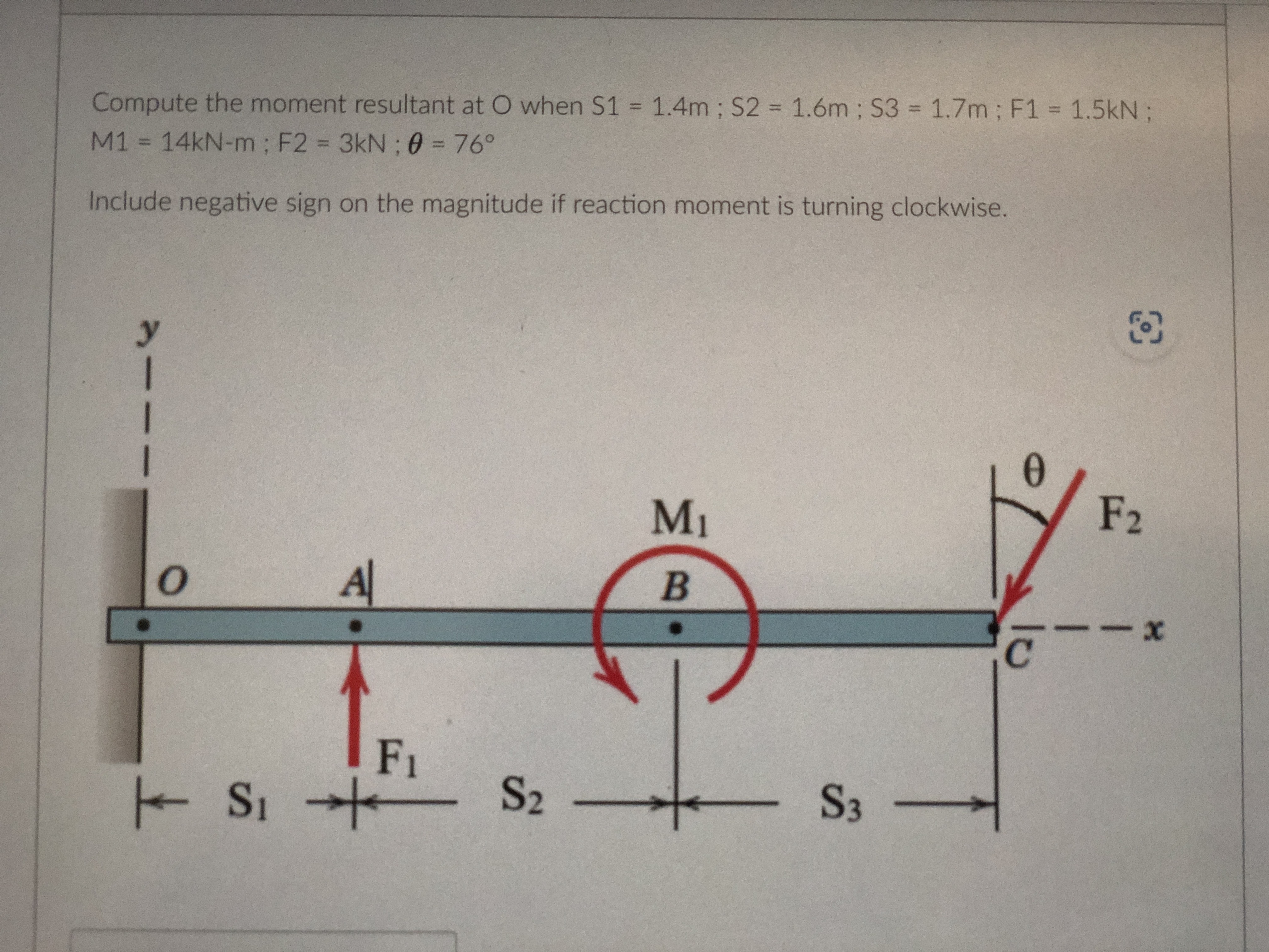 Compute the moment resultant at O when S 1 = 1 .