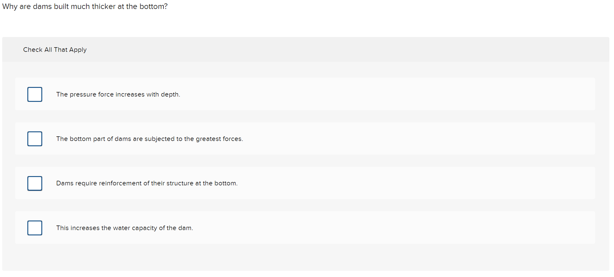 Why are dams built much thicker at the bottom?