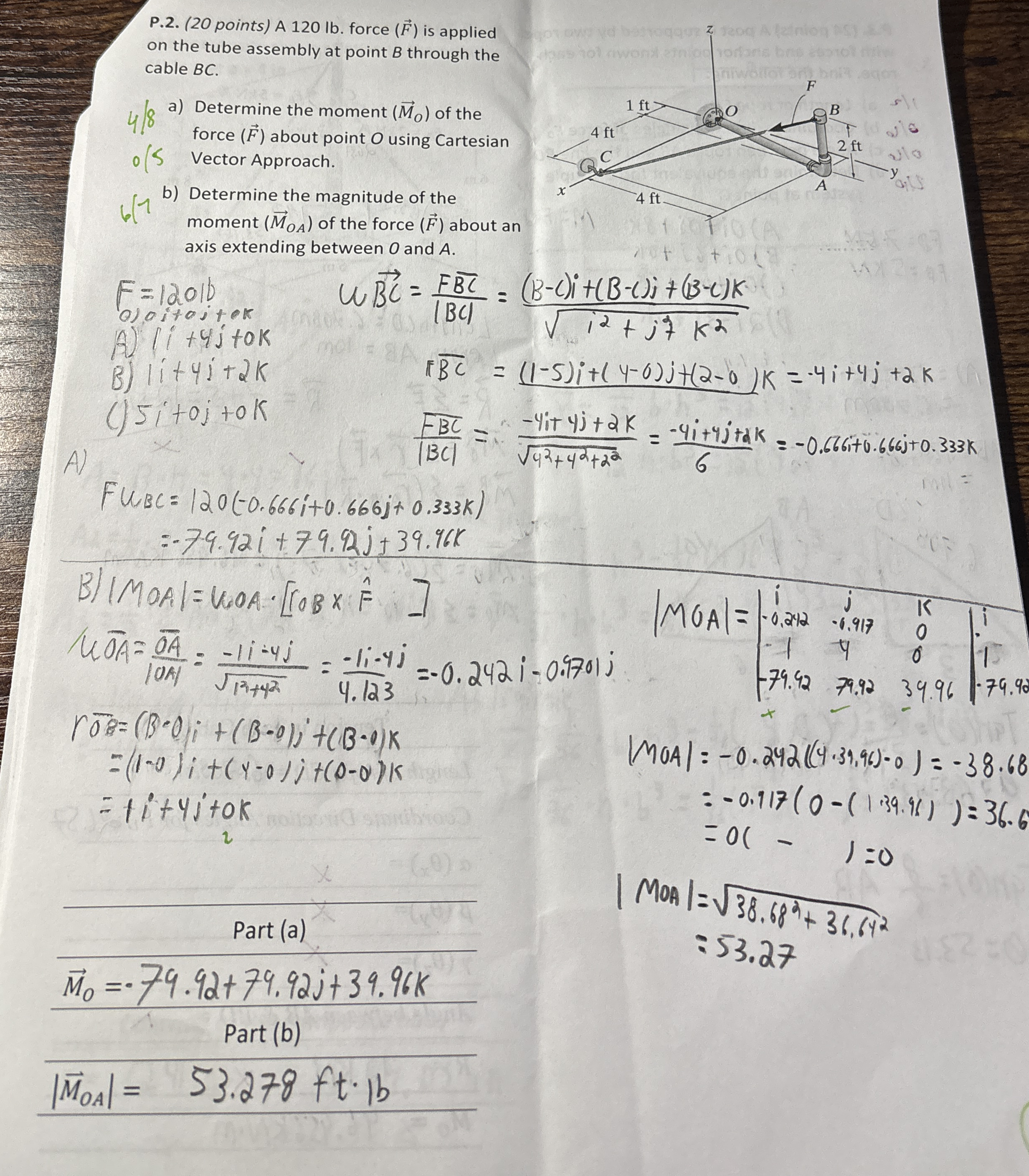 P . 2 . ( 2 0 points ) A 1 2 0 lb . force ( v e c