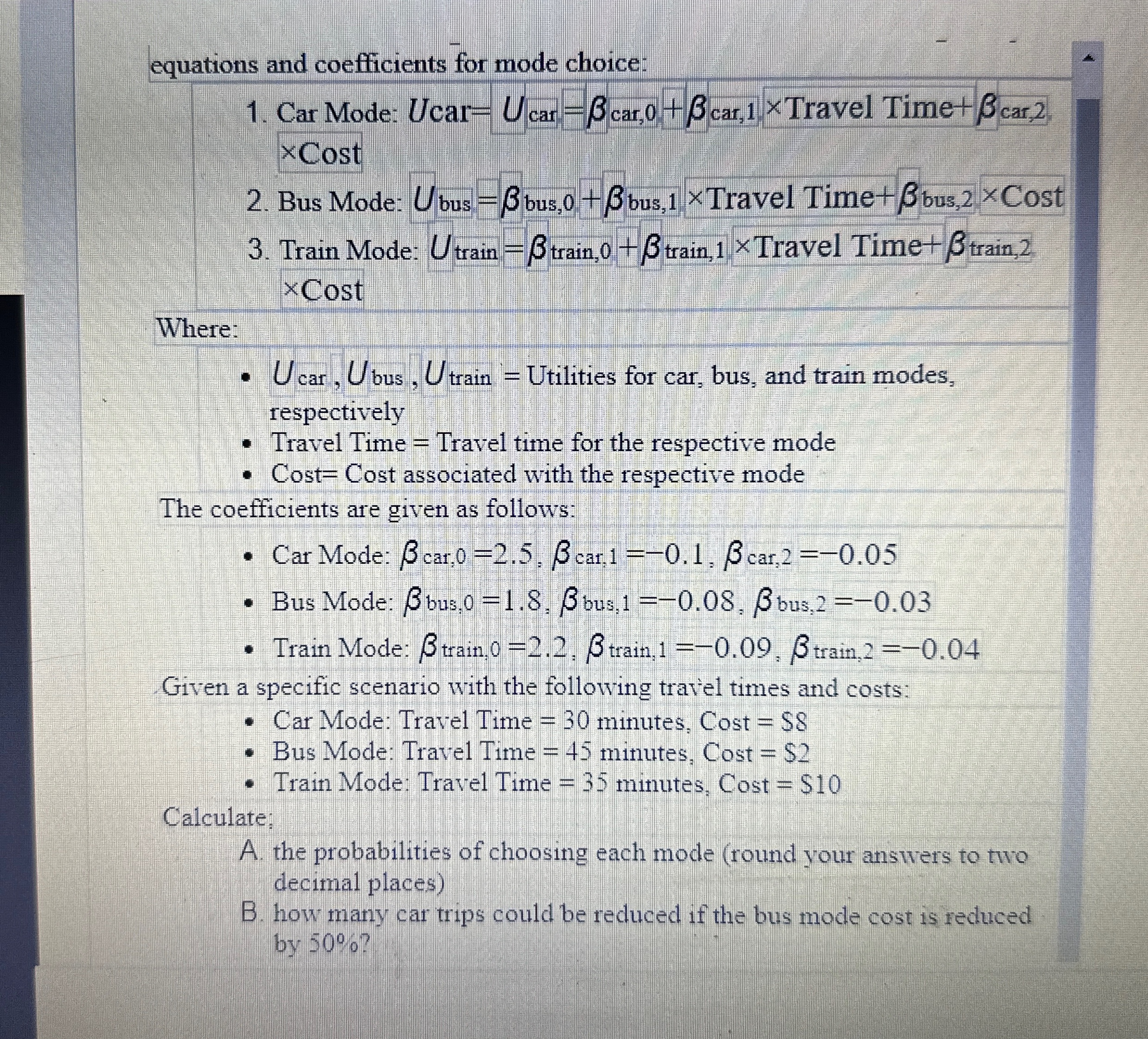 equations and coefficients for mode choice: Car
