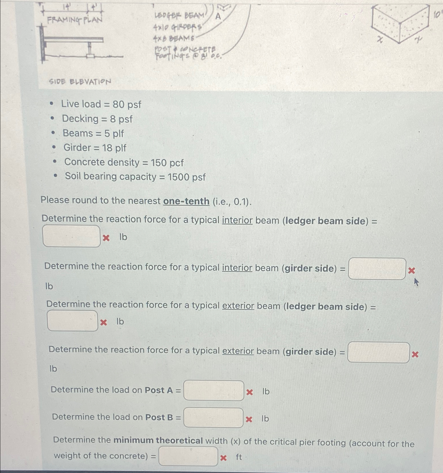 Live load = 8 0 psf Decking = 8 psf Beams = 5 plf