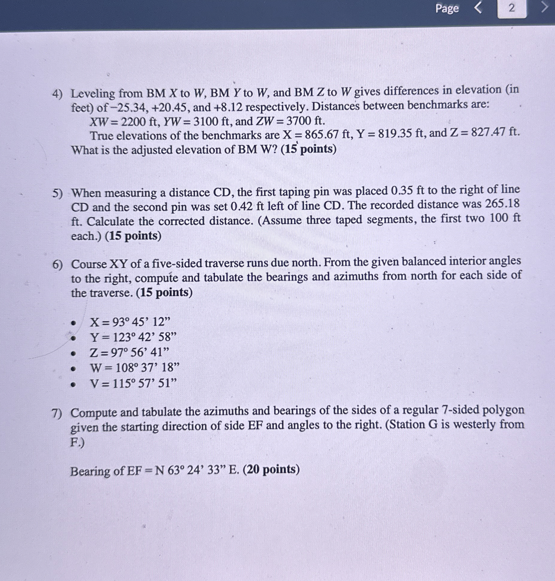 Leveling from BM x to W , B M Y to W , and B M Z