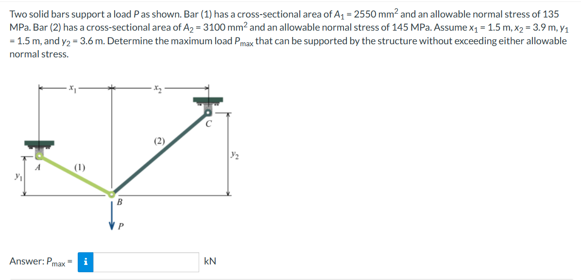 Two solid bars support a load P as shown. Bar ( 1