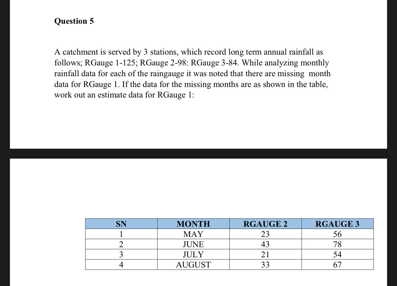 Question 5 A catchment is served by 3 stations,