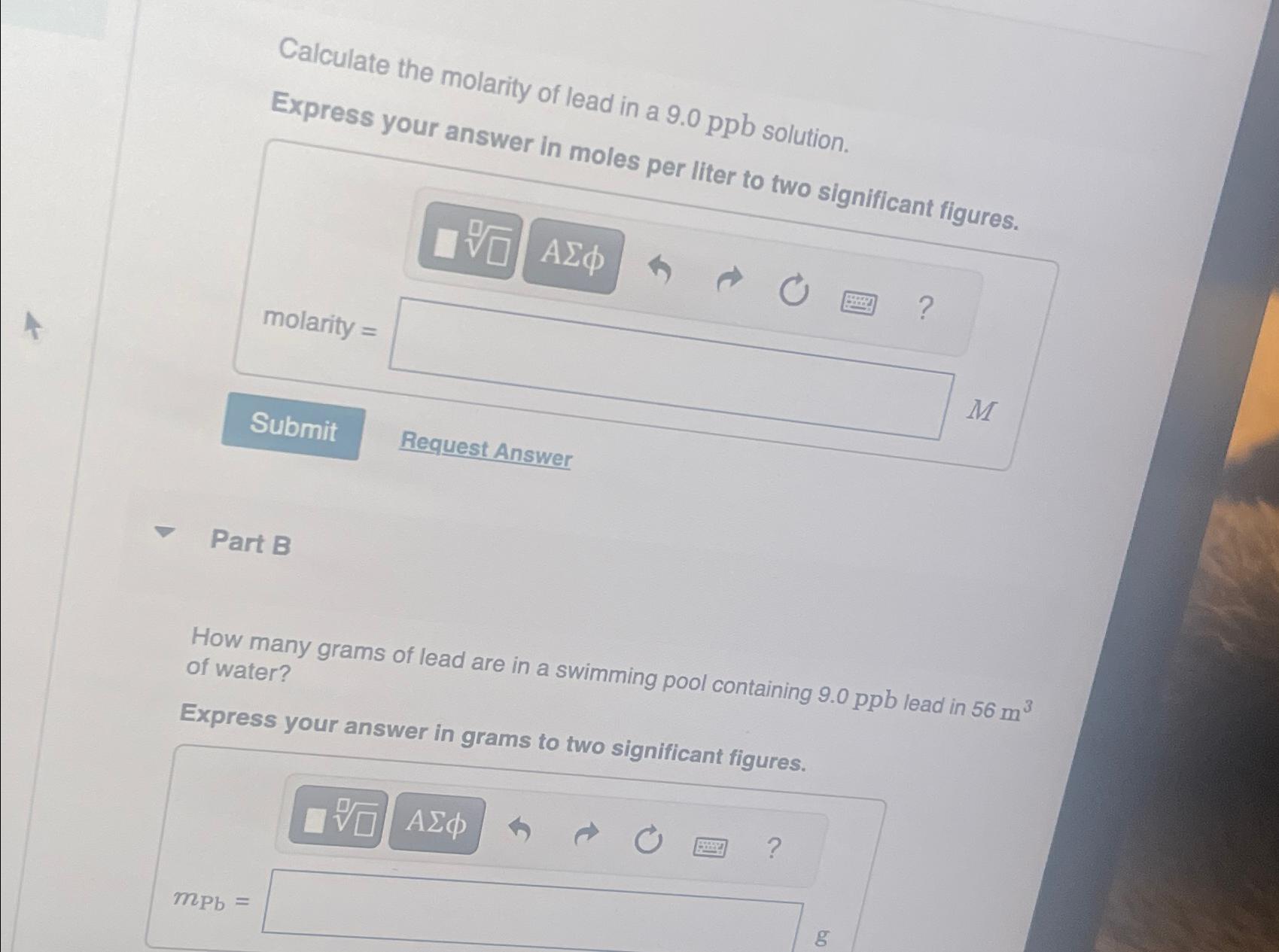 Calculate the molarity of lead in a 9.0ppb