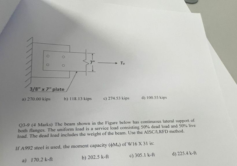 d ) 1 0 0 . 5 5 kips Q 3 - 9 ( 4 Marks ) The beam