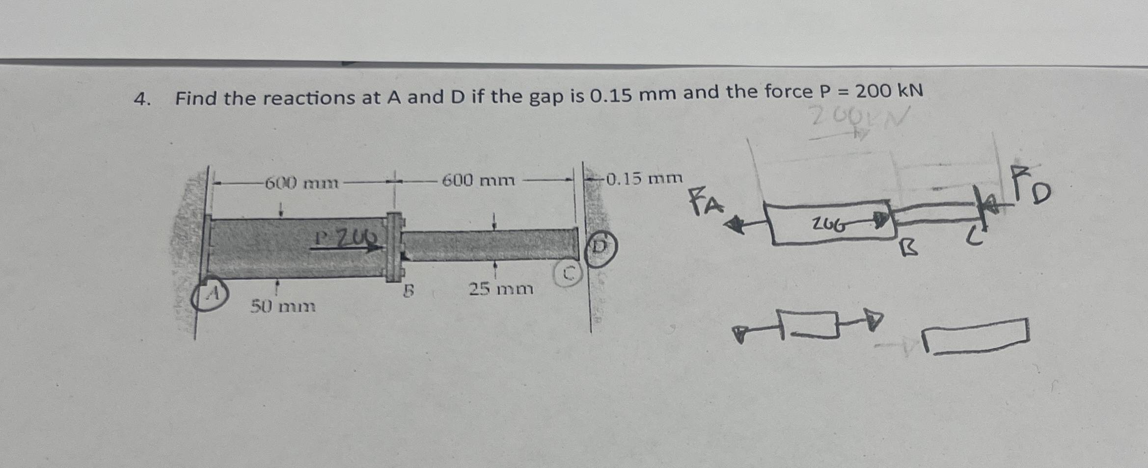 Find the reactions at A and D if the gap is 0 . 1