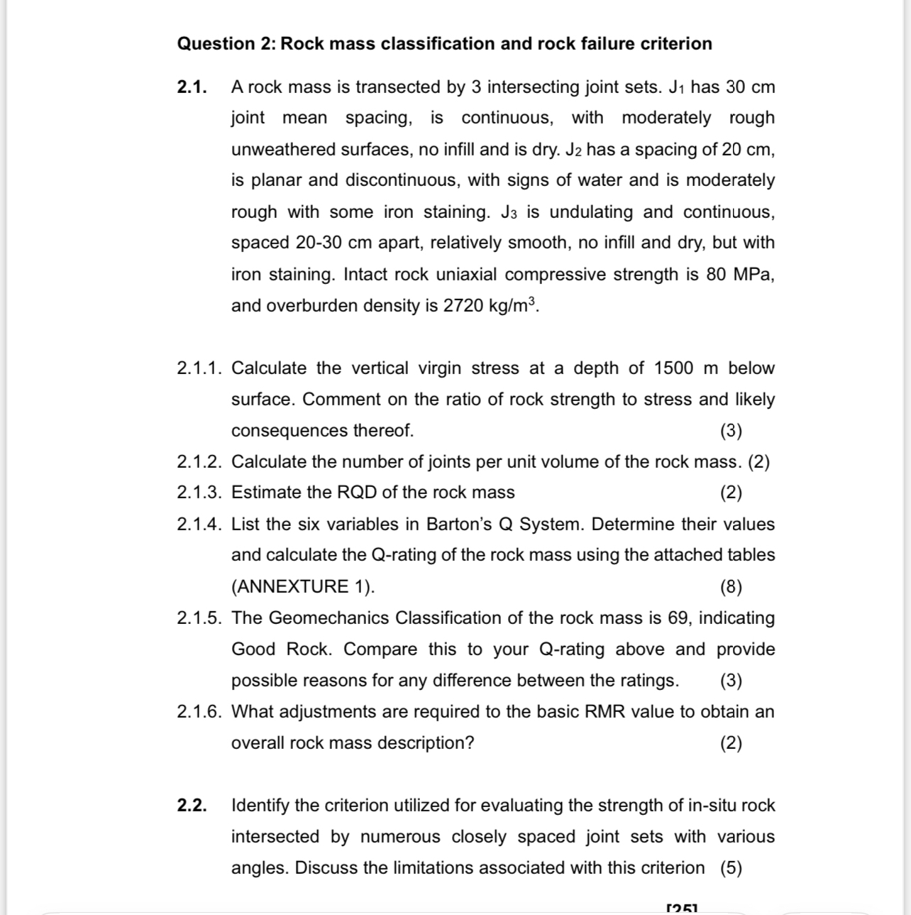 Question 2 : Rock mass classification and rock