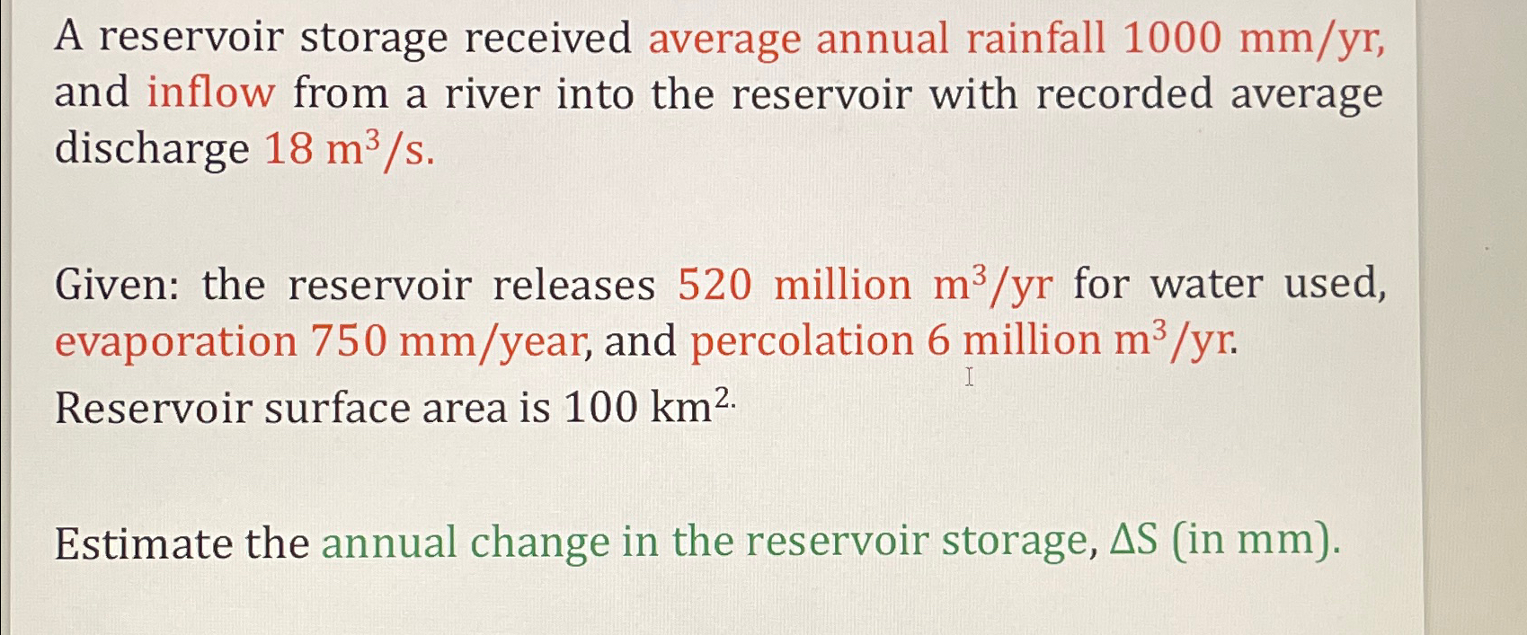 A reservoir storage received average annual