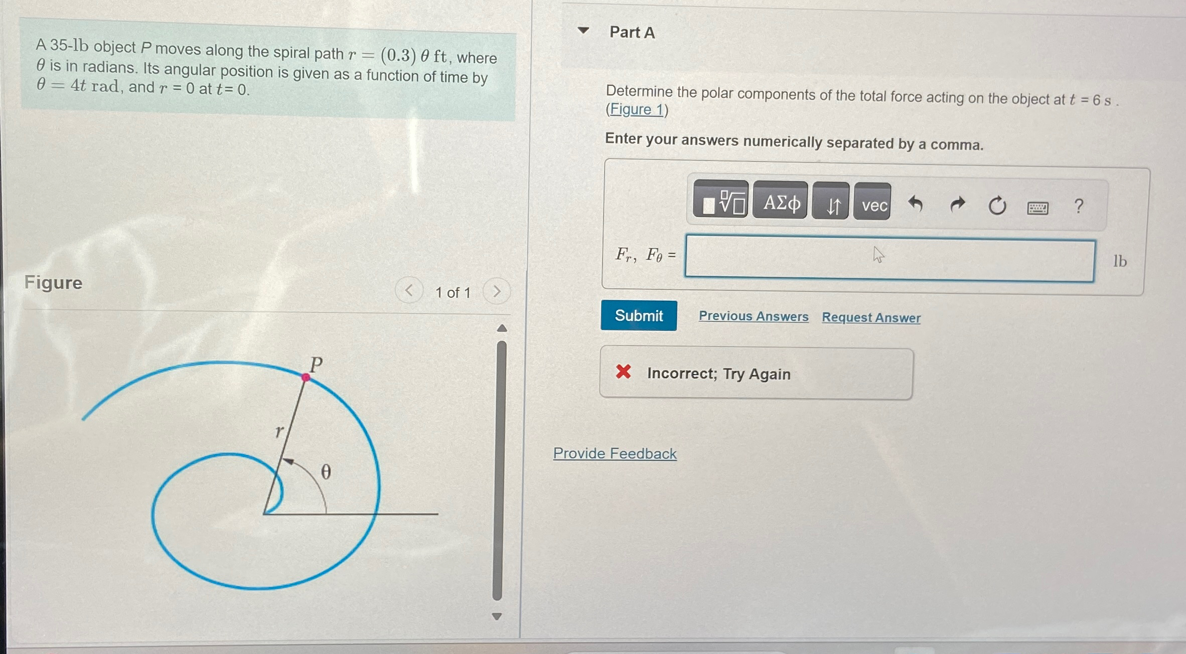 A 3 5 - lb object P moves along the spiral path r