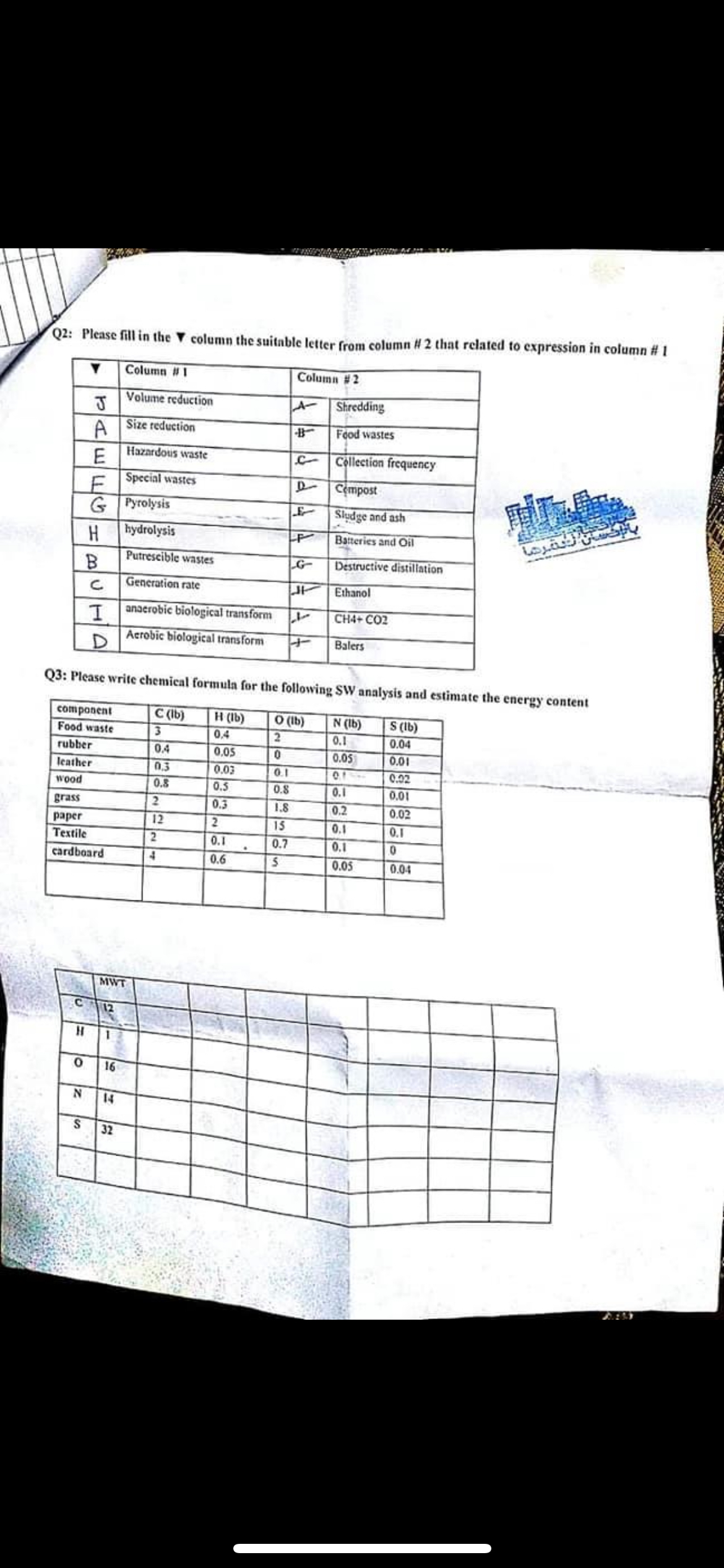 Q 2 : Please fill in the V column the suitable