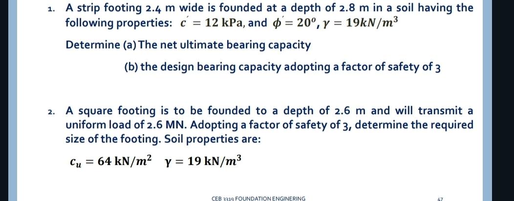 A strip footing 2 . 4 m wide is founded at a