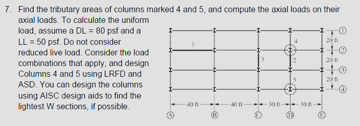 Find the tributary areas of columns marked 4 and