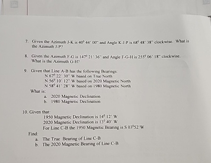 Given the Azimuth J - K is 4 0 4 4 ' 0 0 ' ' and