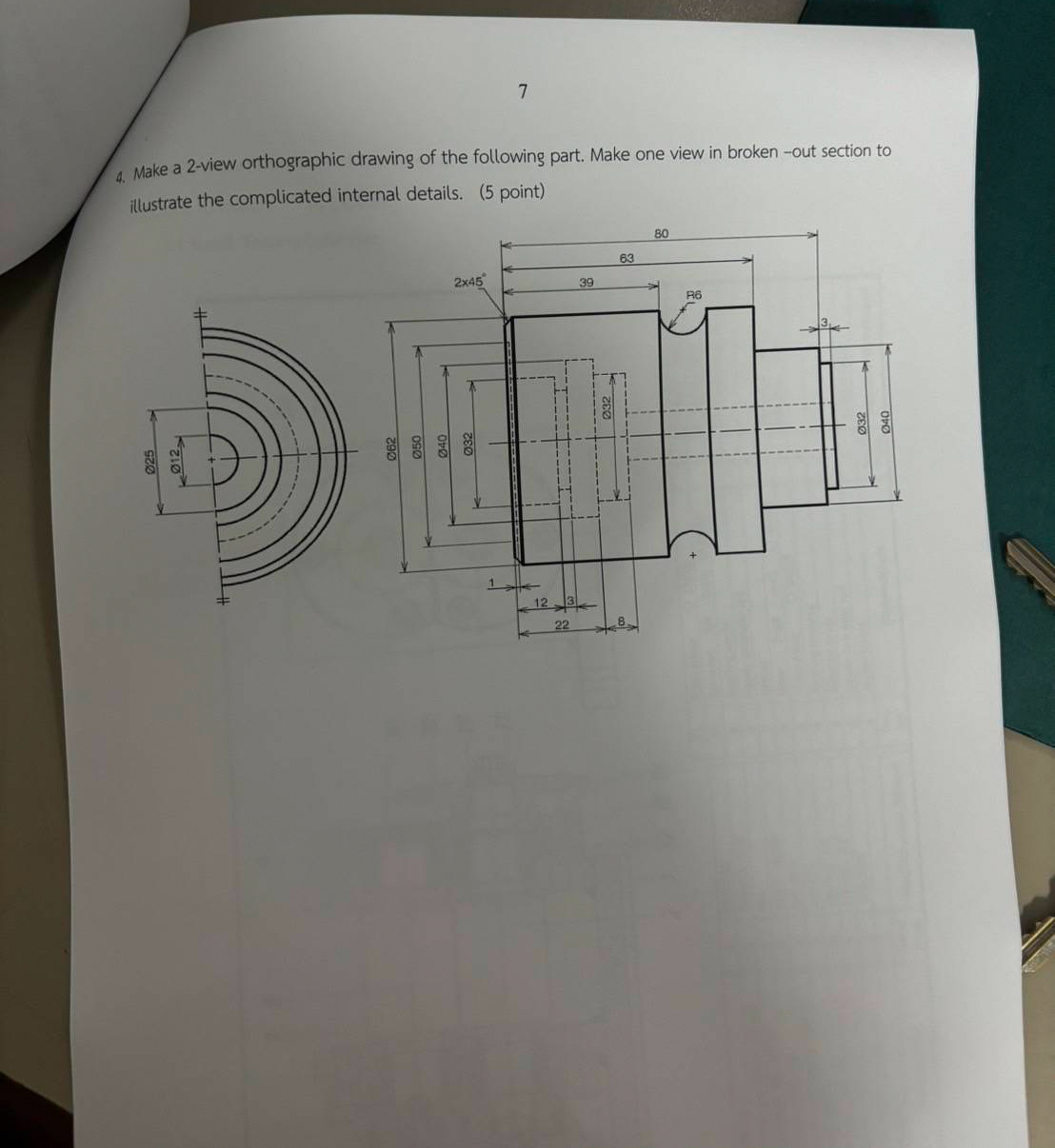 7 4 . Make a 2 - view orthographic drawing of the