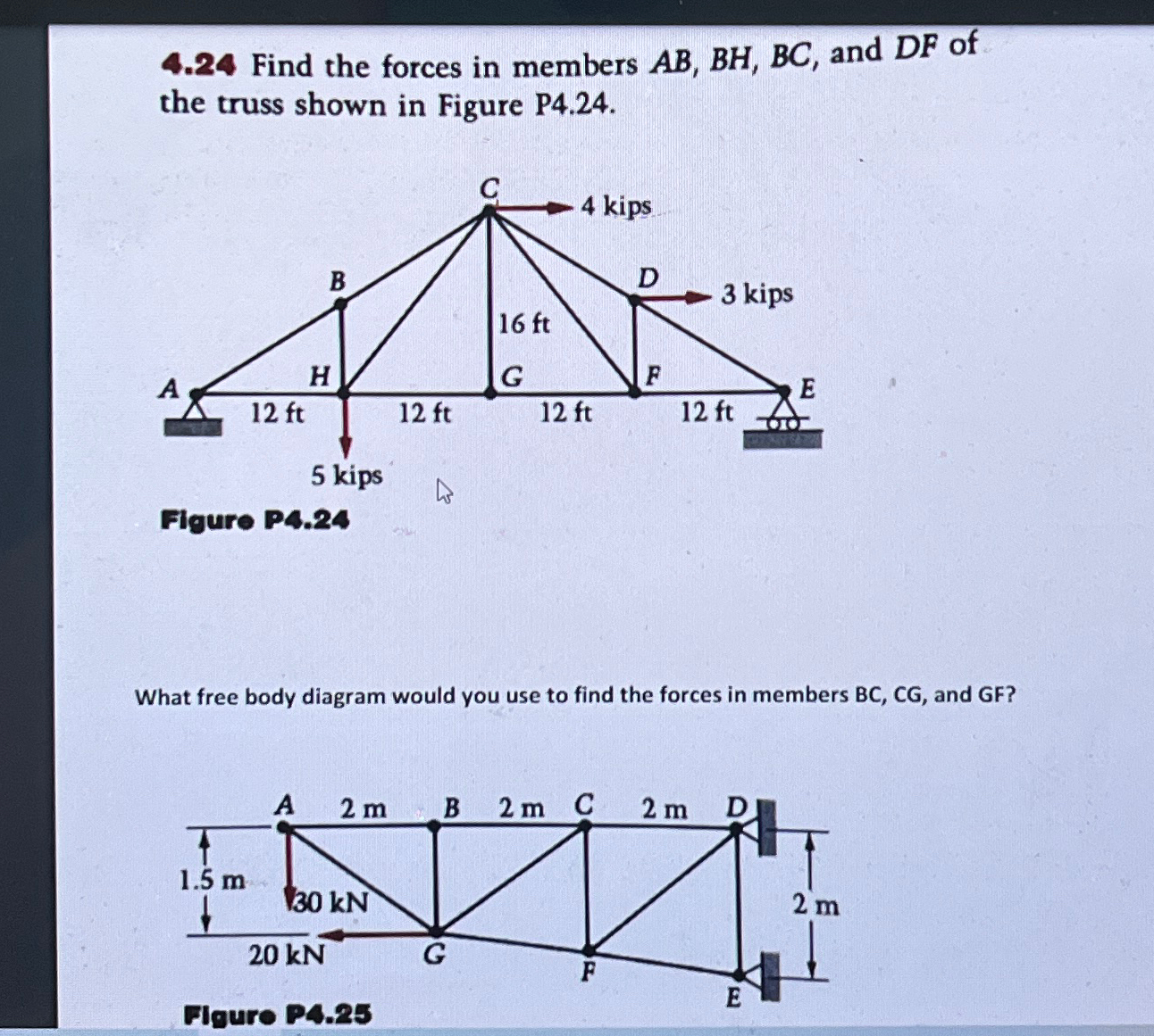 4 . 2 4 Find the forces in members A B , B H , B