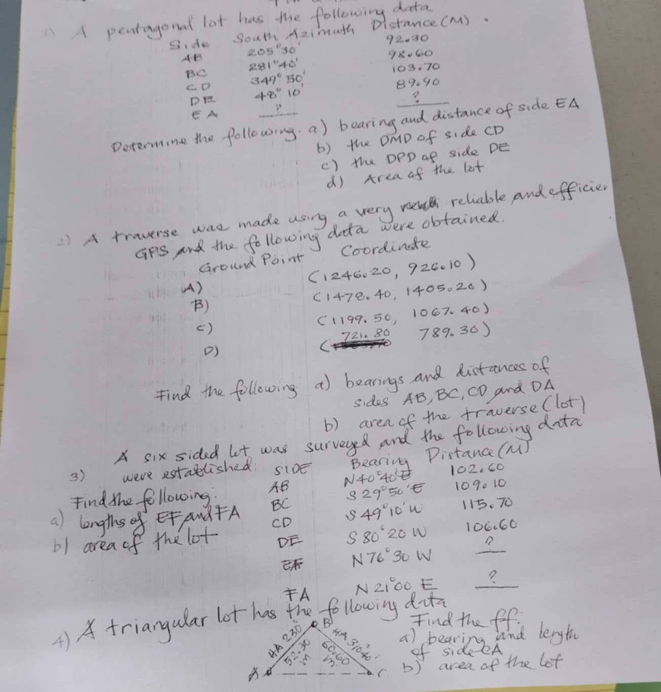 A A pentagonal lot has the following data Side