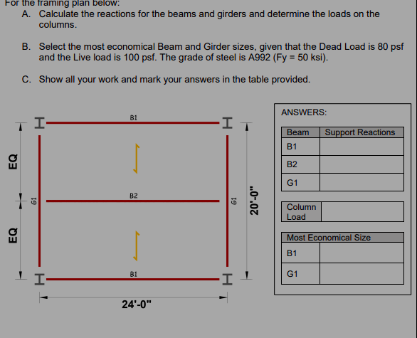 For the framing plan below: A . Calculate the